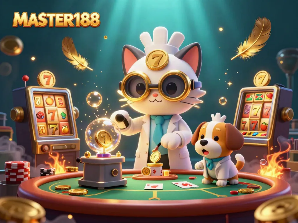 Experience the thrill of MASTER188 with a mad scientist cat and lab assistant in a vibrant casino scene.