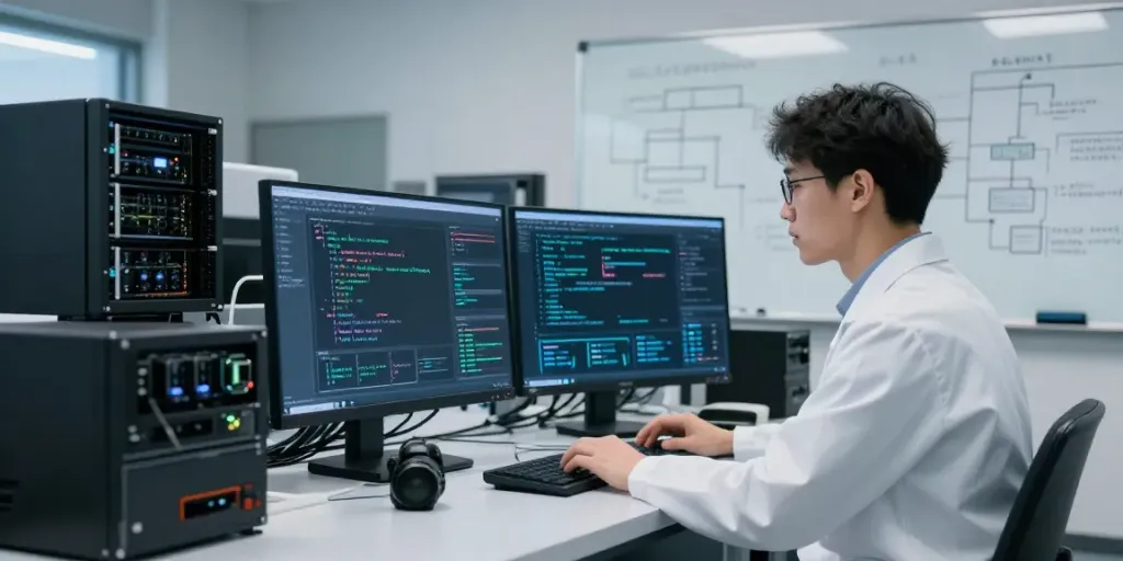 Innovative enterprise AI lab with data scientist analyzing complex algorithms and AI metrics.