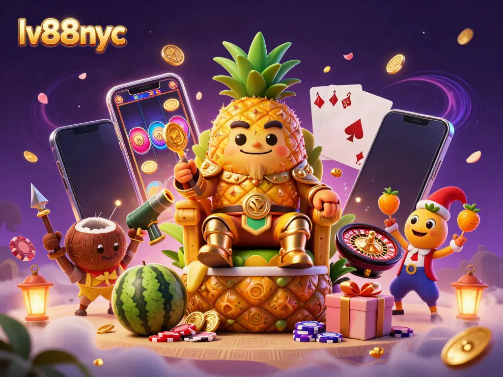 Experience the thrill of lv88nyc's vibrant casino scene with a golden pineapple king and gaming elements.