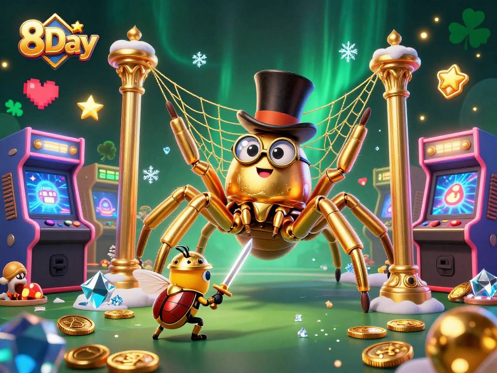 Engage with 8Day's thrilling gaming adventure as a golden tarantula weaves a winning web amidst vibrant casino elements.