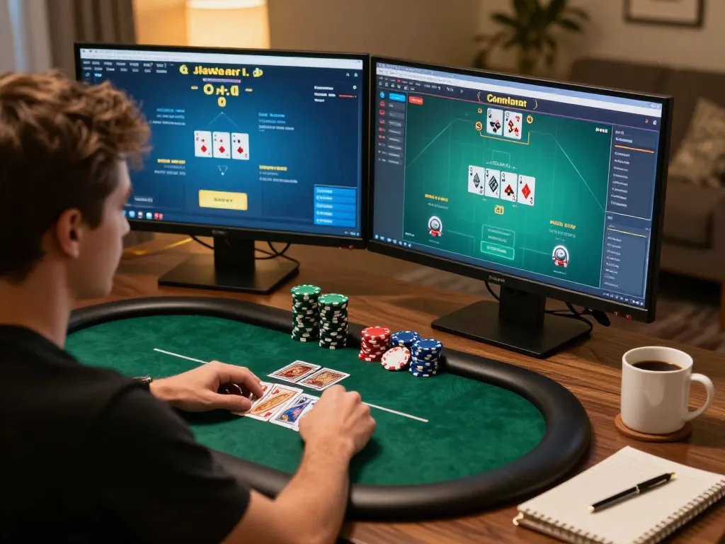 Player strategizes high-stakes poker on dual screens in a cozy gaming setup, spacucina experience.