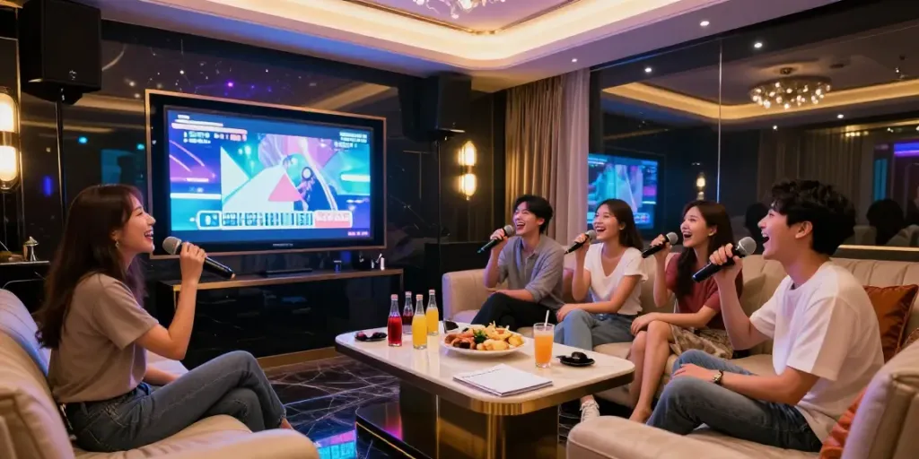 강남의 달토 가라오케에서 친구들이 즐겁게 노래하며 웃고 있는 모습