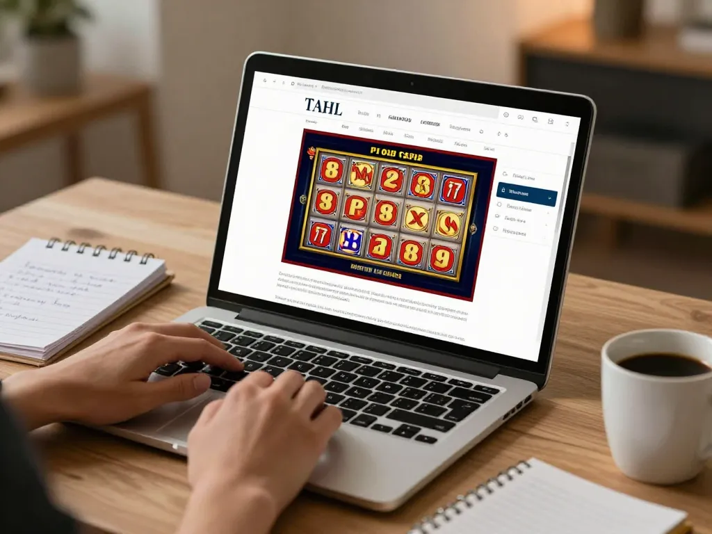 Engaging with RR88 online casino via laptop, showcasing vibrant slot gameplay and strategic notes.