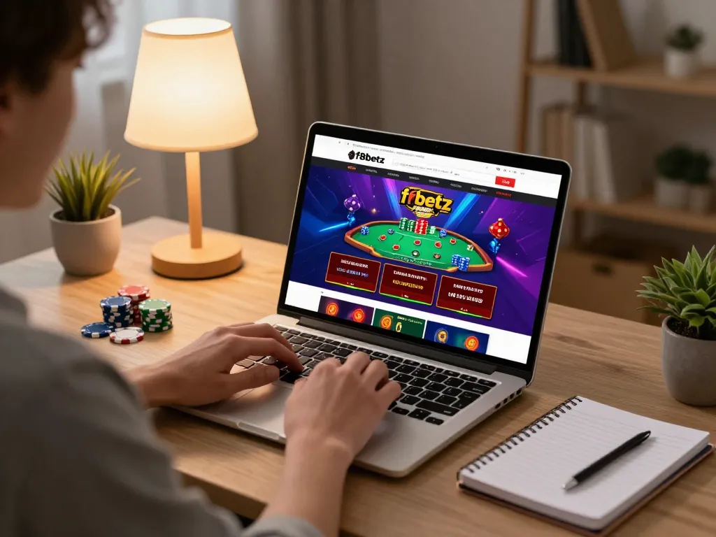 Engaging online gaming scene showcasing a user accessing f8betz on a laptop with poker strategies nearby.