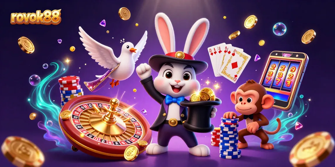 Experience the magic of rokok88 with a triumphant rabbit and shimmering casino elements in a vibrant 3D scene.