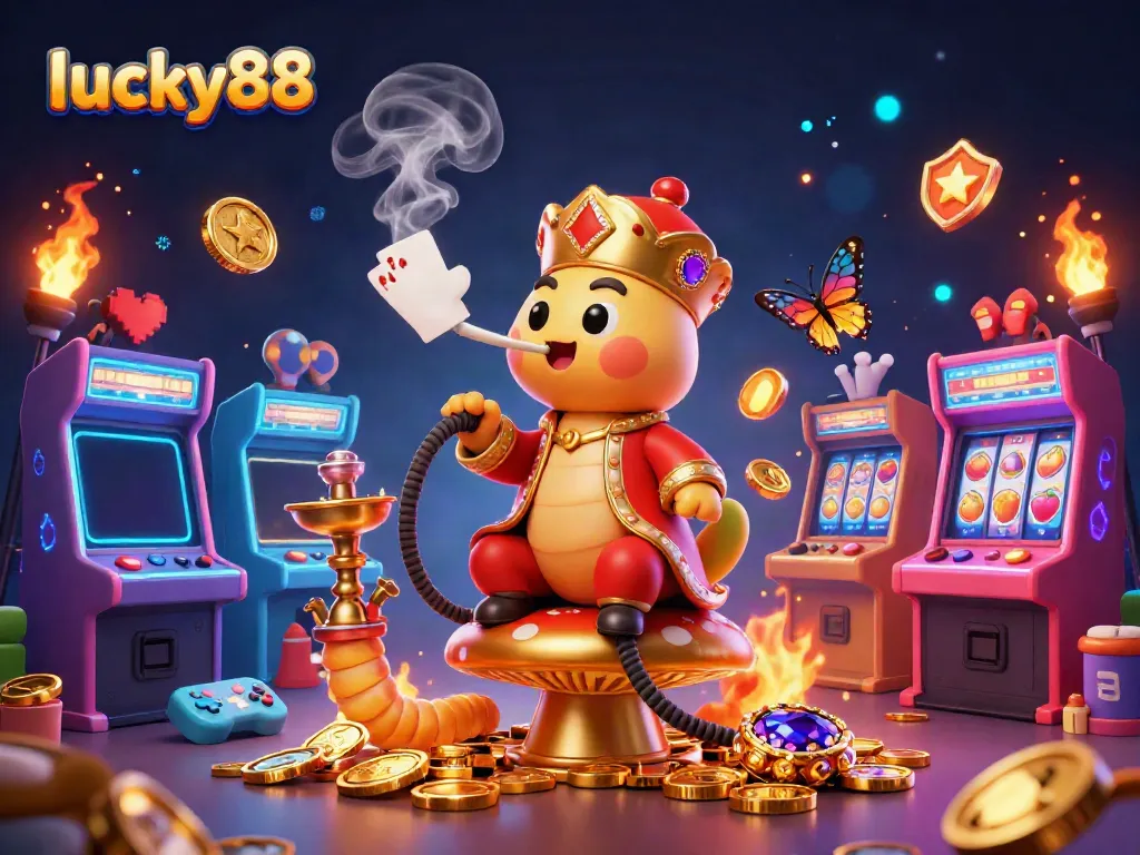 Immerse in lucky88's vibrant scene showcasing a cartoon caterpillar master in a casino-themed illustration.