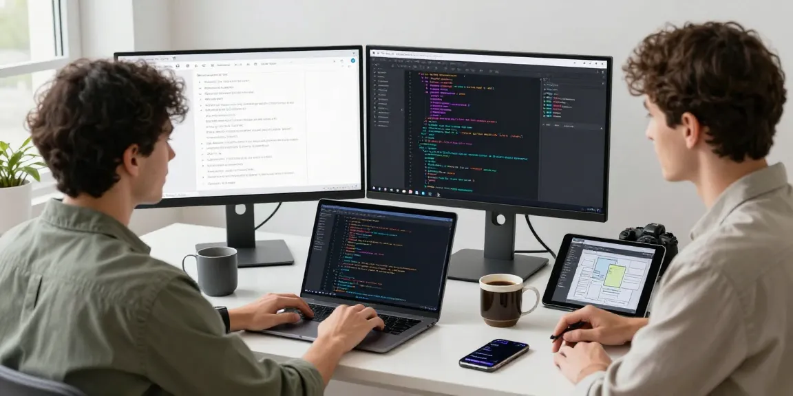Build internal tools with AI in a modern workspace with a developer coding on laptops and dual monitors.