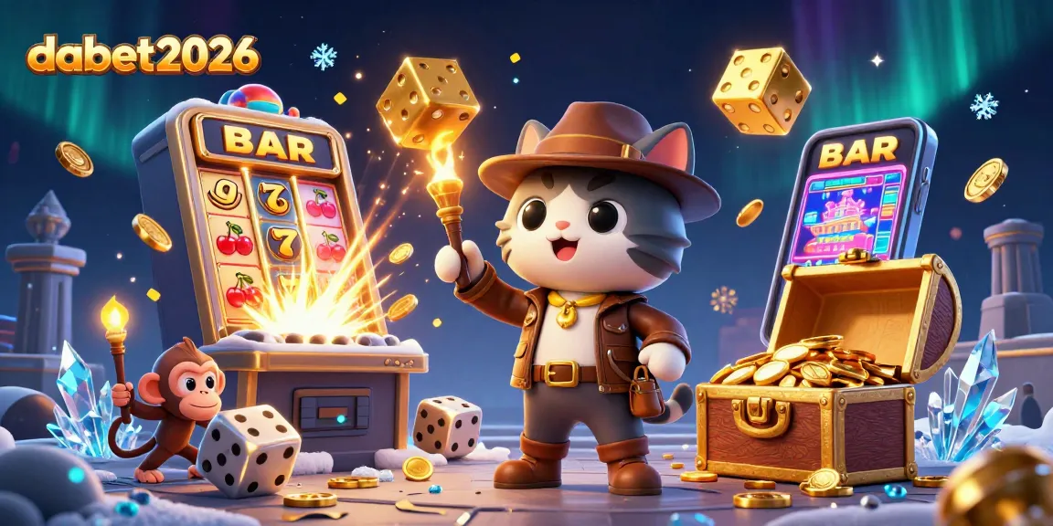 Dabet2026 showcases a vibrant 3D casino scene with archaeologist cat and monkey companion, bringing excitement to gambling.