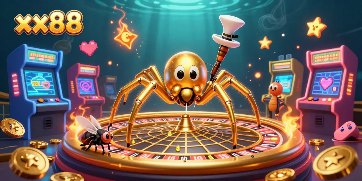 Experience thrilling bets at xx88, where a golden spider spins a roulette wheel, showcasing vibrant gaming action.