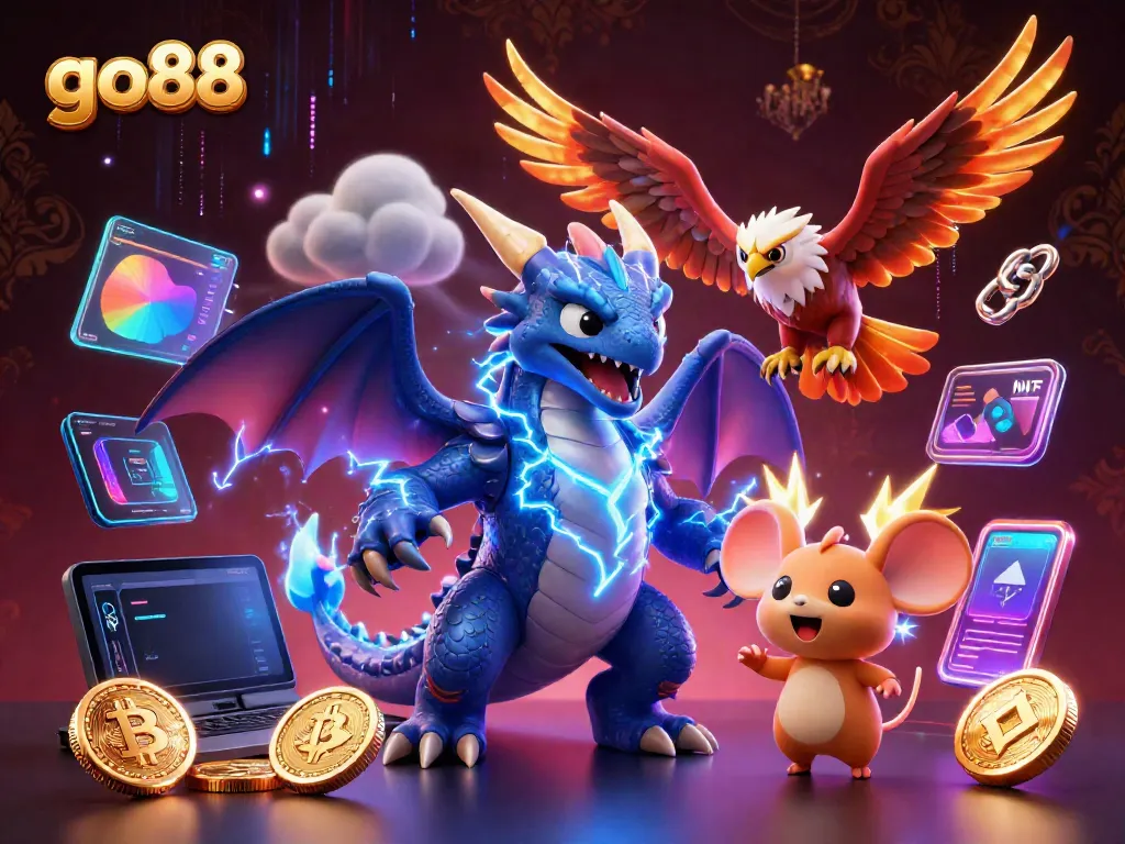 Experience thrilling action with go88 in an electrifying 3D digital illustration featuring dynamic gaming elements and characters.