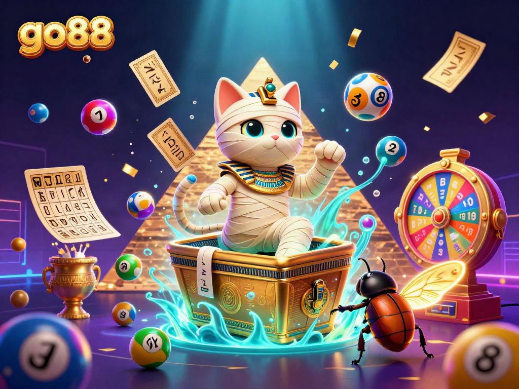 Experience thrilling gameplay with go88's immersive casino scene featuring an Egyptian mummy cat.