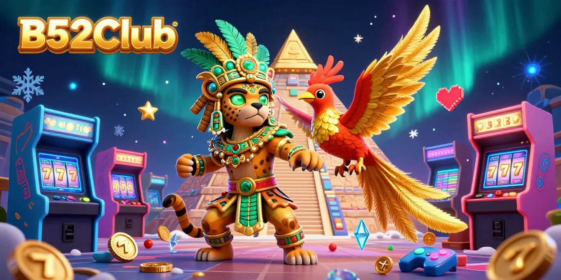 B52Club engages players with a vibrant 3D scene featuring a Mayan jaguar priest, a quetzal bird, and dynamic gaming elements.