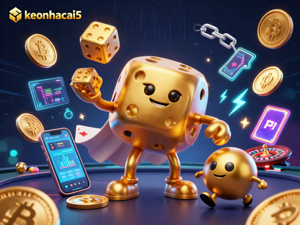 Engage with keonhacai5 in vibrant 3D casino illustration featuring a golden dice golem amidst crypto elements and roulette.