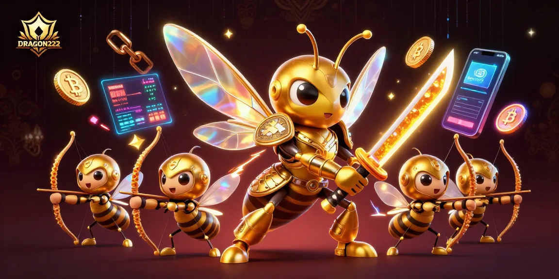 Join the thrill of winning at DRAGON222 while a golden hornet and bee archers play among crypto treasures.