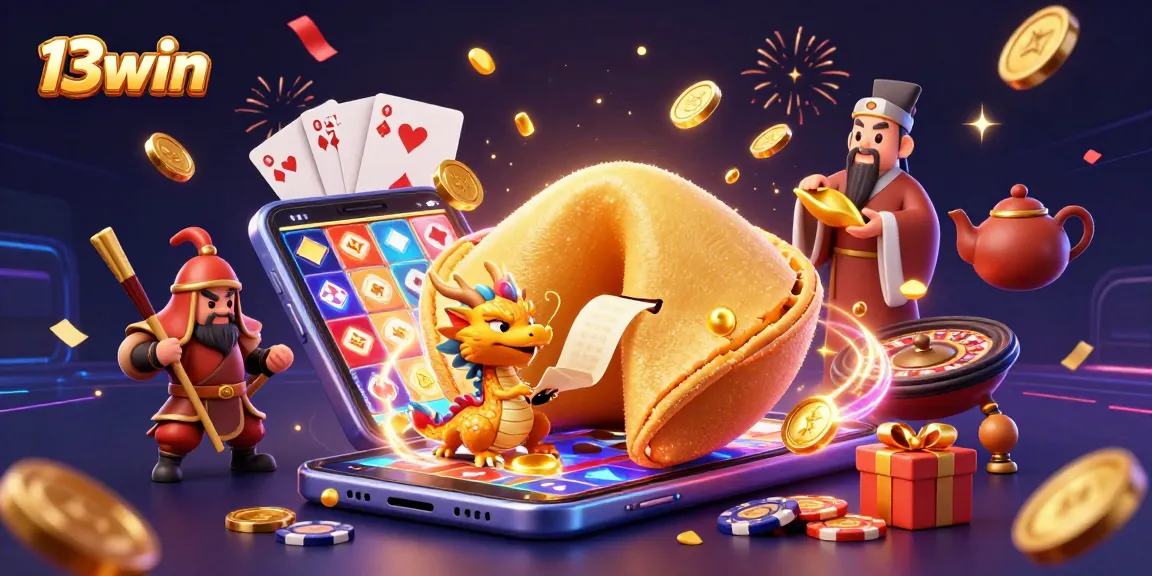 Win big with 13win's vibrant casino experience featuring a dynamic golden fortune cookie scene.