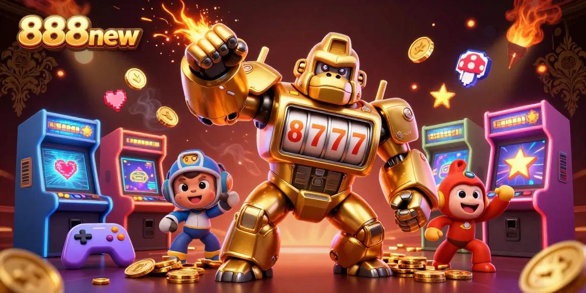 Experience thrilling gameplay at 888new with a golden mech smashing through coins and slot machine dynamics.