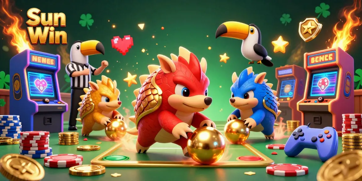 Sun Win pangolins compete in a vibrant casino arcade, surrounded by poker chips and confetti.