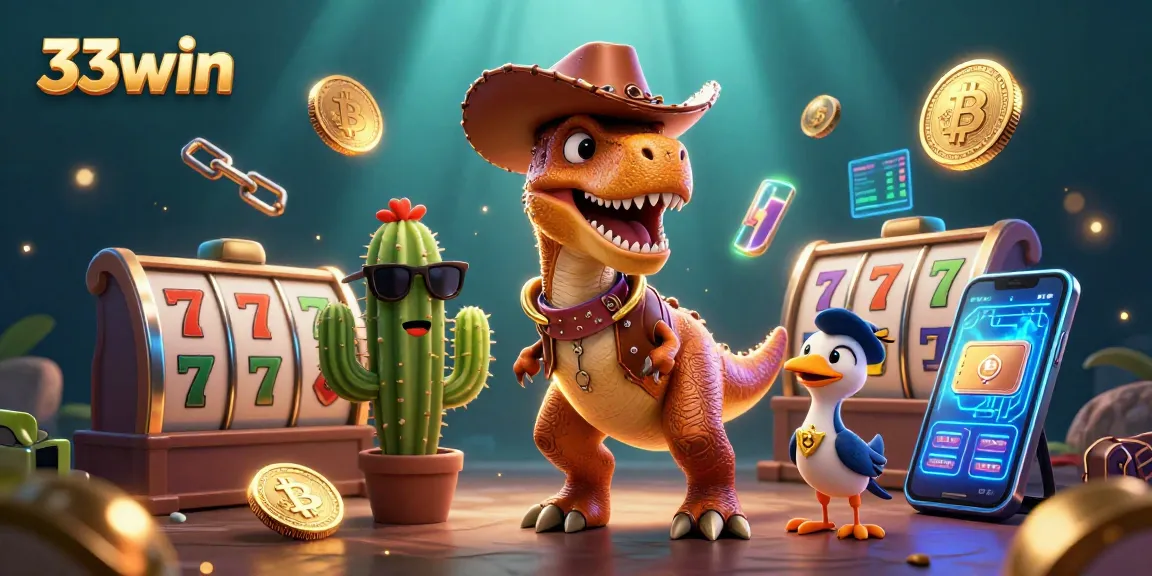 Win big with 33win at the exciting casino featured in this vibrant cartoon scene!