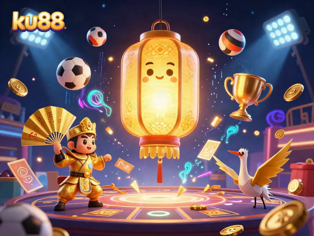 Experience the thrilling atmosphere of ku88 with vibrant characters and dynamic sports elements in a dazzling casino scene.
