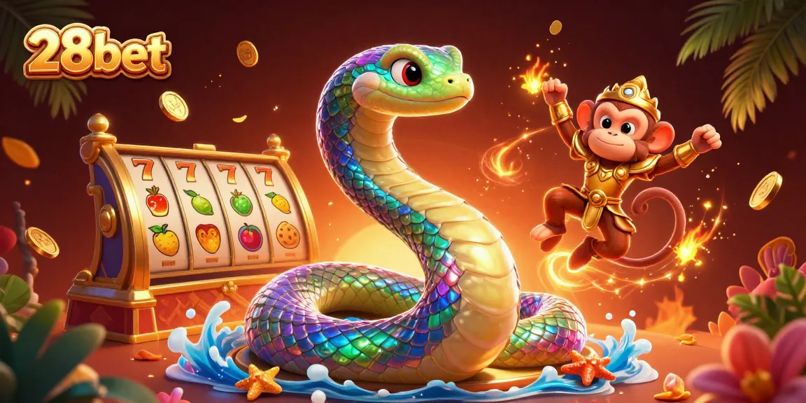 Experience thrilling slots action at 28bet with a vibrant 3D cartoon casino illustration.