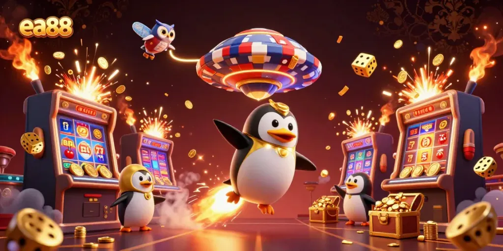 Experience the thrill of ea88 with a golden penguin navigating a casino adventure in space.