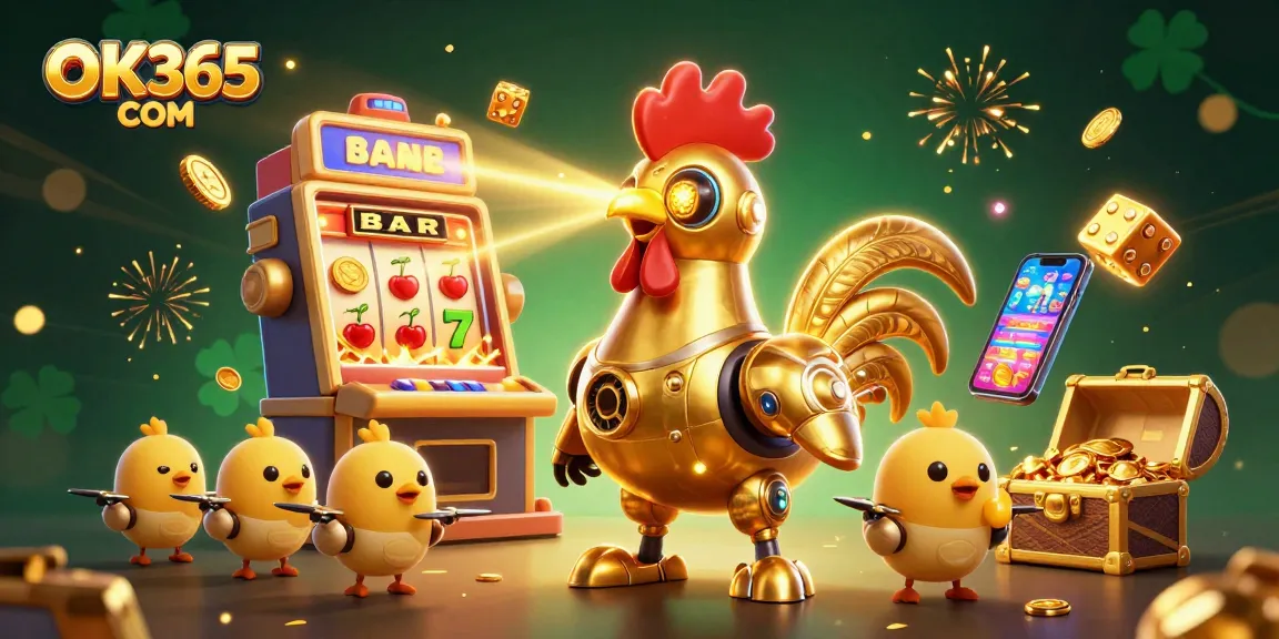 Engage with thrilling casino excitement at OK365 COM featuring golden rooster robot amid jackpot thrill.