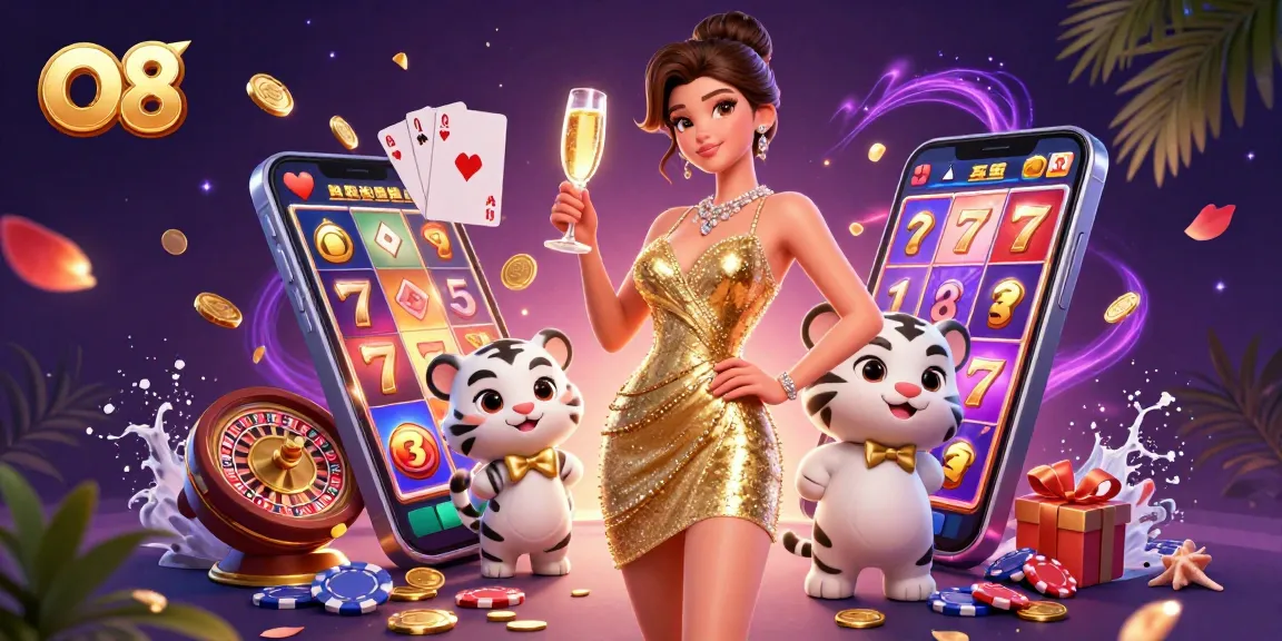 Win big with O8's extravagant casino experience featuring a glamorous woman and a lucky tiger cub.