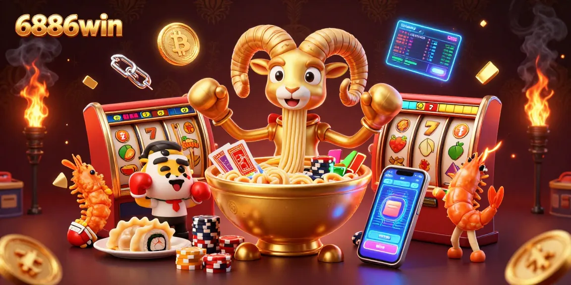 Experience thrilling gameplay with 6886win's giant ramen bowl character dealing high-stakes cards.