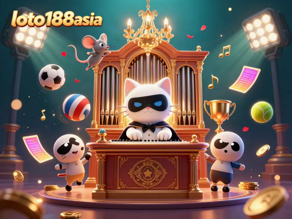 Engage with loto188asia in a vibrant, dynamic casino scene filled with 3D characters and gaming elements.