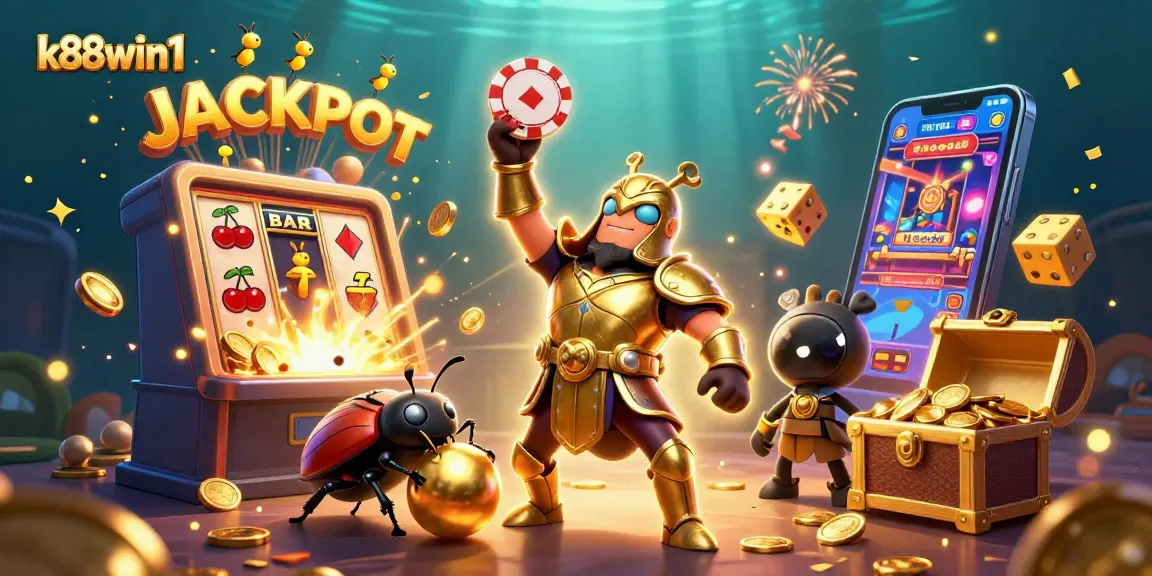 Engage with k88win1's thrilling gaming world featuring victorious beetles, jackpot symbols, and dazzling graphics.