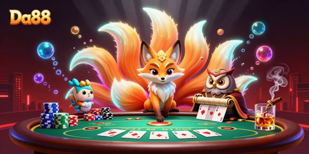 Experience the excitement at Da88 with vibrant characters and poker action in this energetic casino scene.