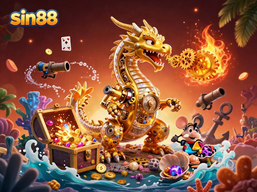 Experience dynamic gaming action at sin88 with a golden dragon and treasures amidst vibrant casino elements.