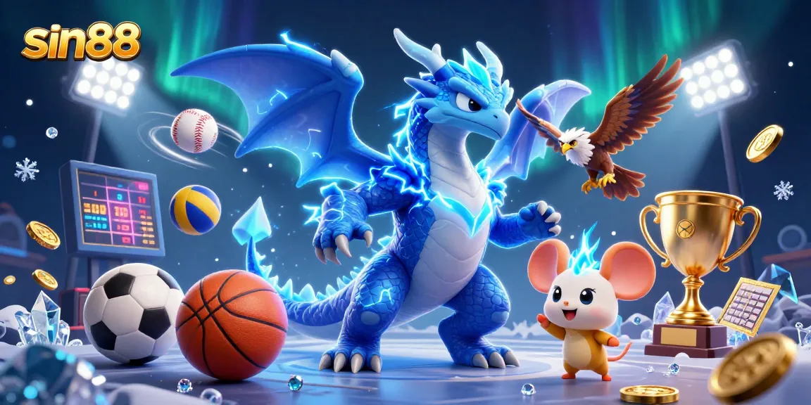 Engage with sin88 in this vibrant, dynamic illustration filled with sports and casino elements.