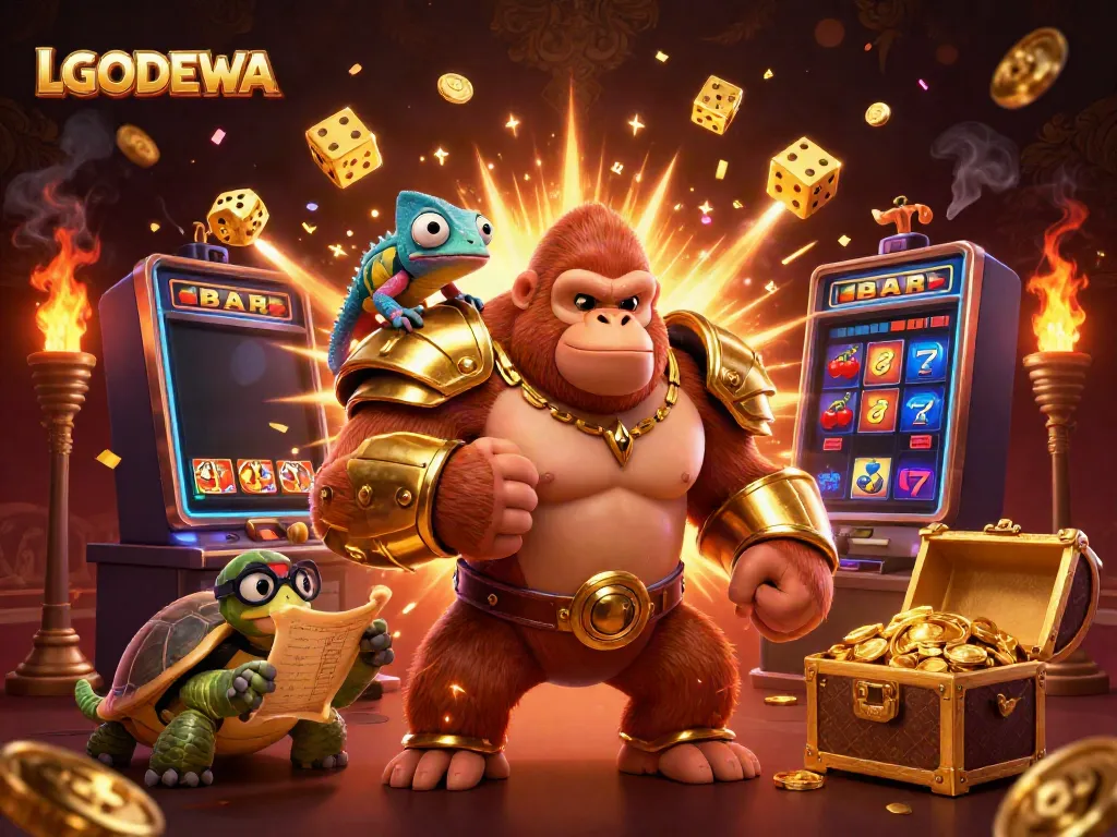 Experience the thrilling action of LGODEWA with an illustration of charismatic characters, jackpots, and casino fun.