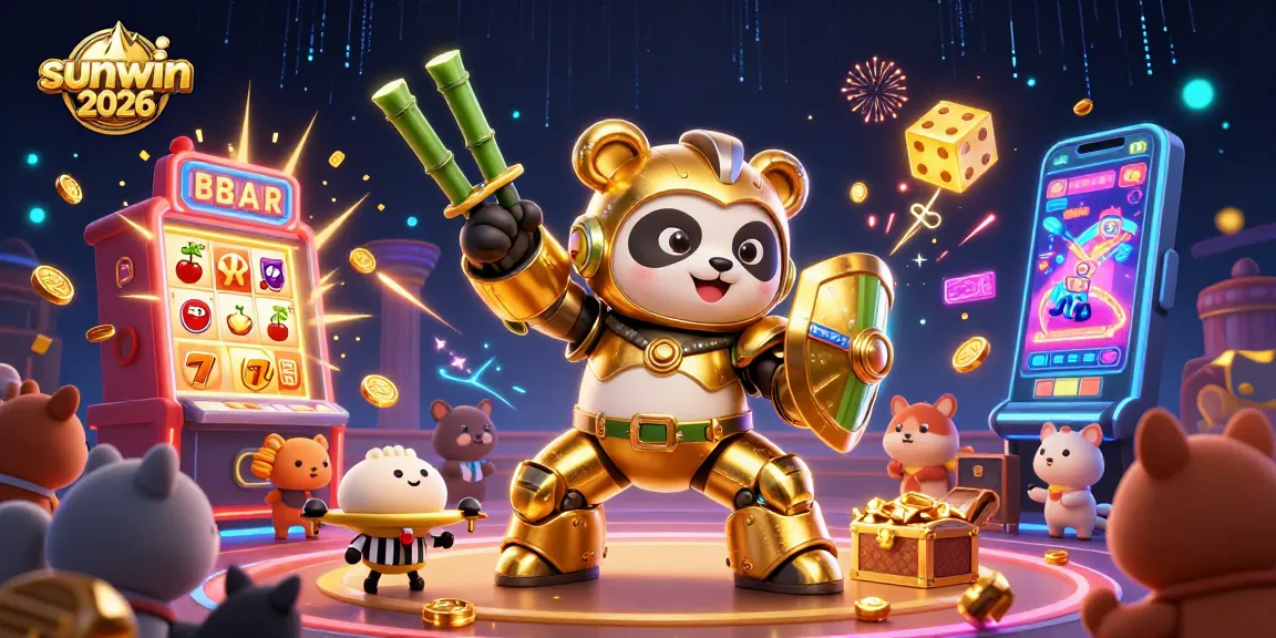 Experience the thrill of sunwin 2026 with a vibrant scene featuring golden panda and dynamic casino elements.