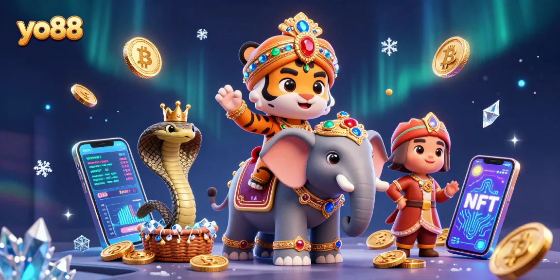 yo88 offers an adventurous gaming experience with a regal maharaja tiger and crypto-themed gaming elements.