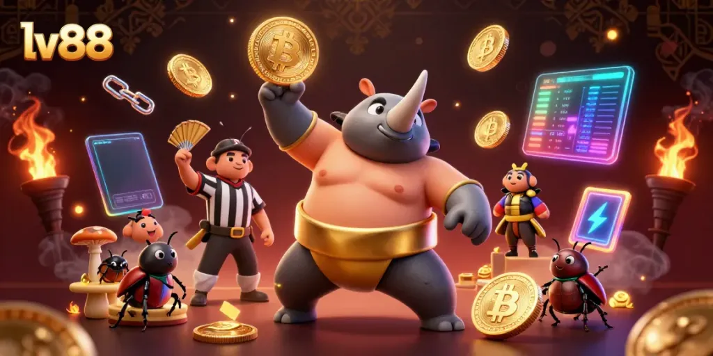Feel the thrill of gambling at lv88, showcased by a dynamic 3D illustration of beetle champions surrounded by coins and crypto elements.