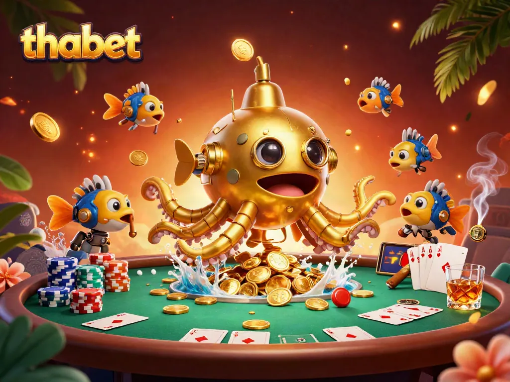 Experience thrilling play at thabet with a vibrant 3D casino scene featuring a kraken and poker elements.