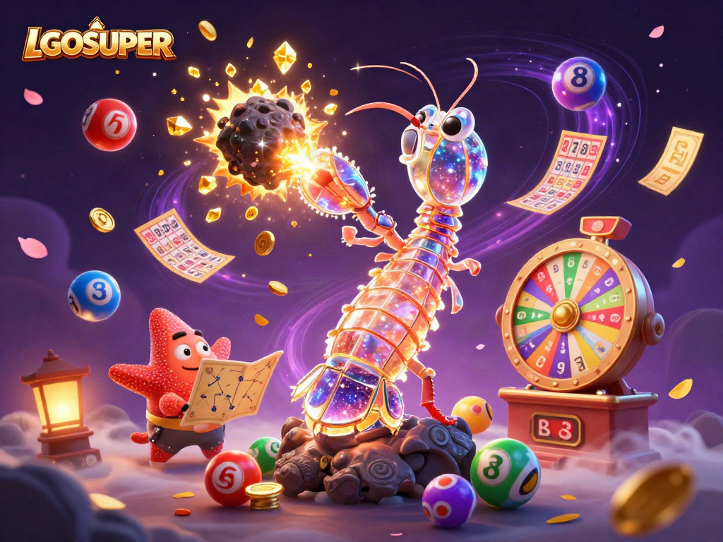 Experience LGOSUPER with a galactic samurai and thrilling lottery action in a vibrant casino scene.