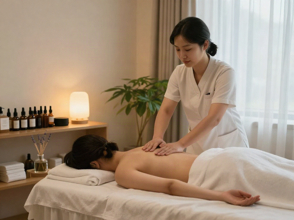 Relaxing 부평출장마사지 therapy room with soothing ambiance, essential oils, calming atmosphere