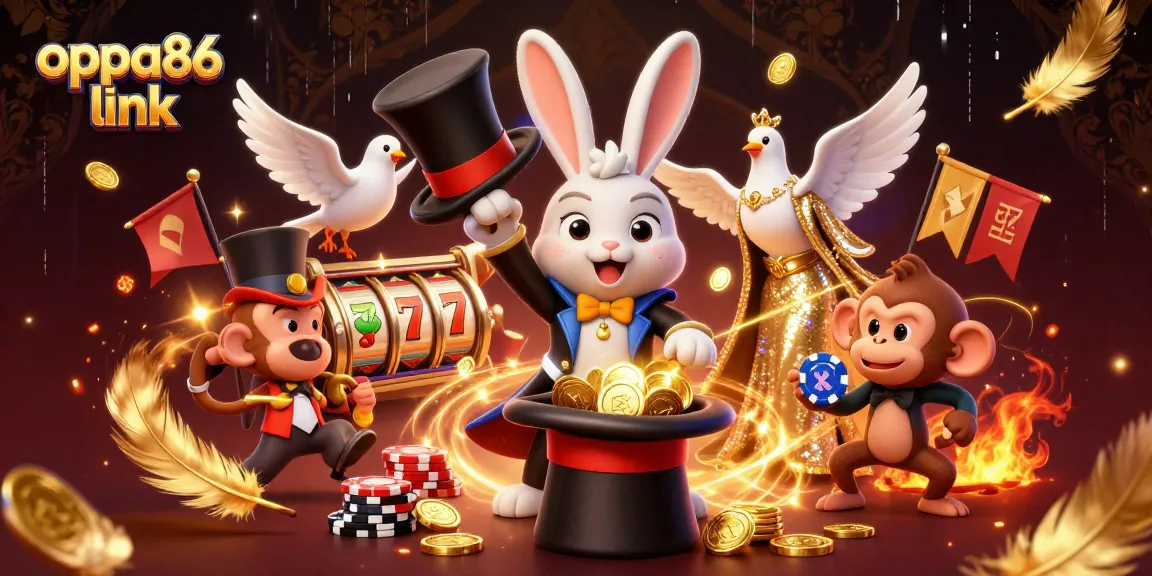 Engage with the oppa86 link in this dynamic illustration of a rabbit magician, dove assistant, and monkey pickpocketing poker chips.