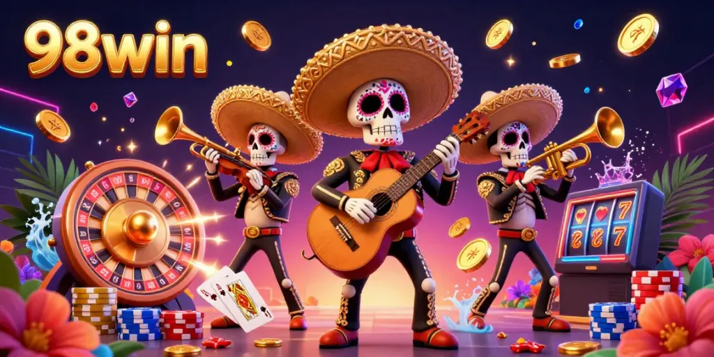 Experience the thrill of 98win's vibrant casino scene with mariachi skeletons and gaming elements.
