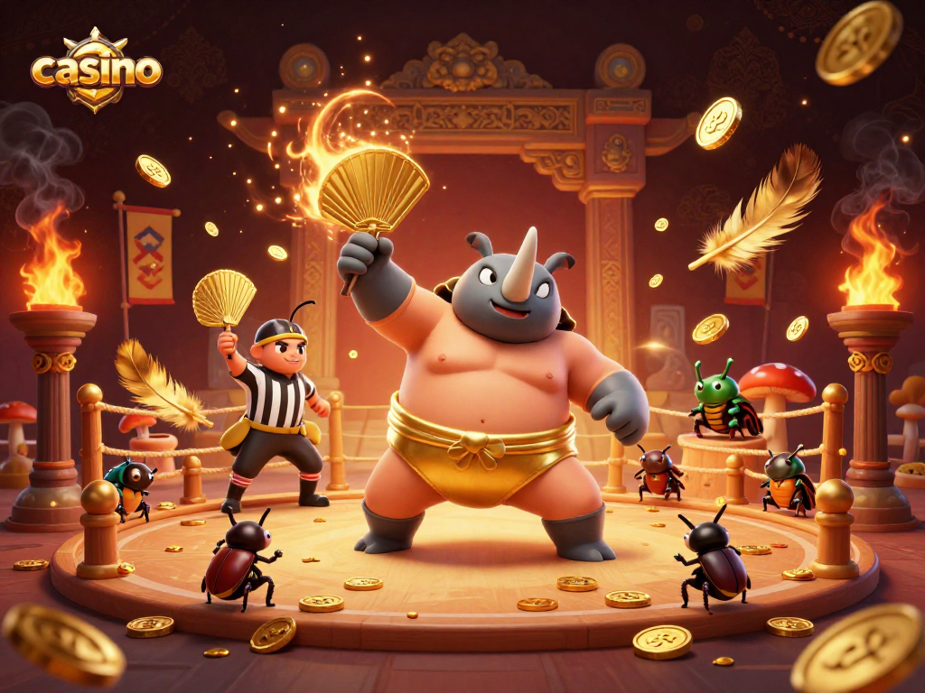 Casino scene featuring a sumo champion beetle surrounded by coins and dynamic elements.