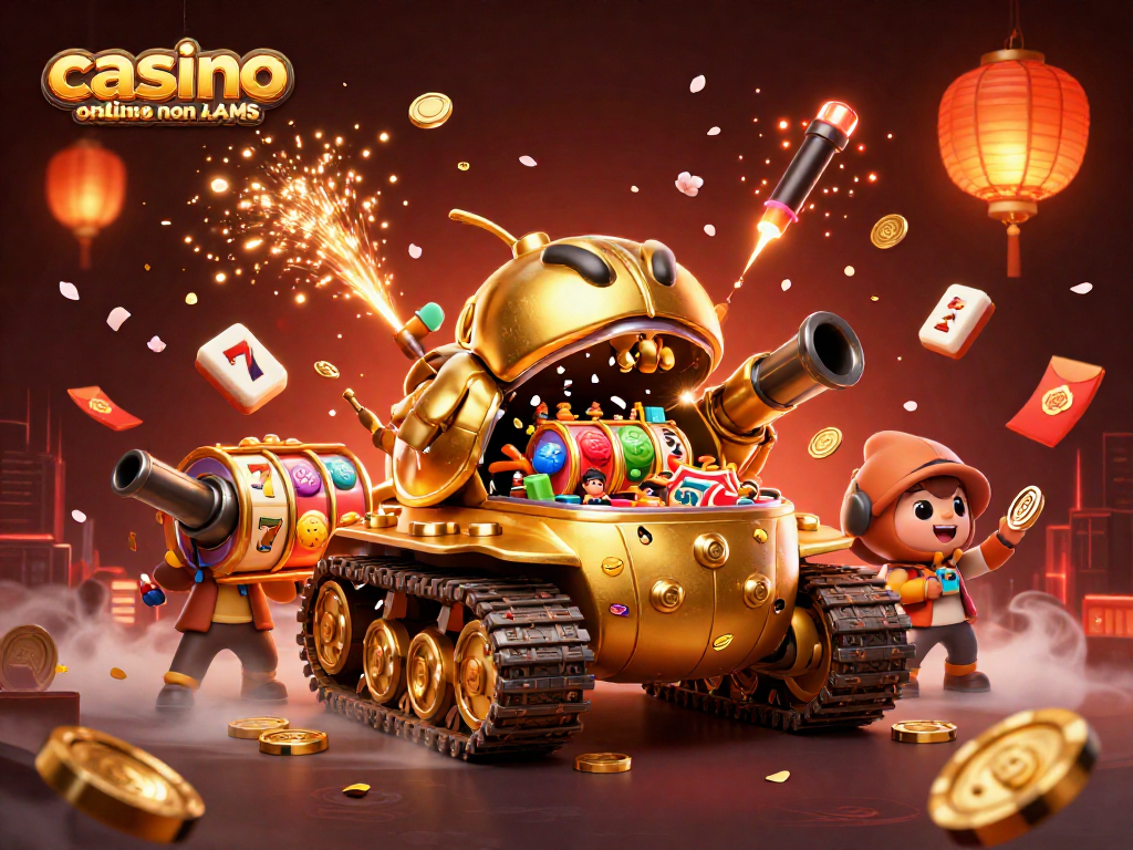 Immagine di casinò online non AAMS con un carro armato d'oro e slot machines tra simboli fortunati.