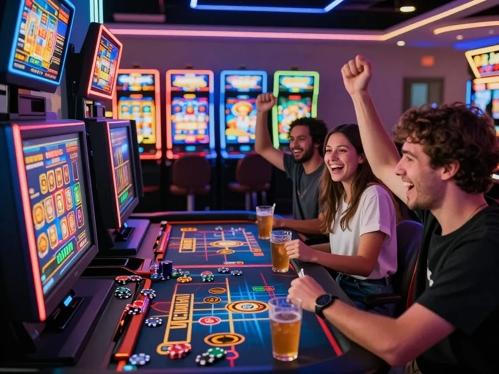 Exciting RR88 online gaming experience with friends celebrating wins at a digital casino table.