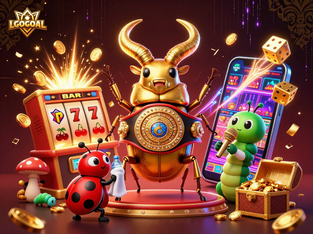 Experience thrilling gameplay with LGOGOAL as golden characters embrace casino action amidst vibrant slots and jackpots.