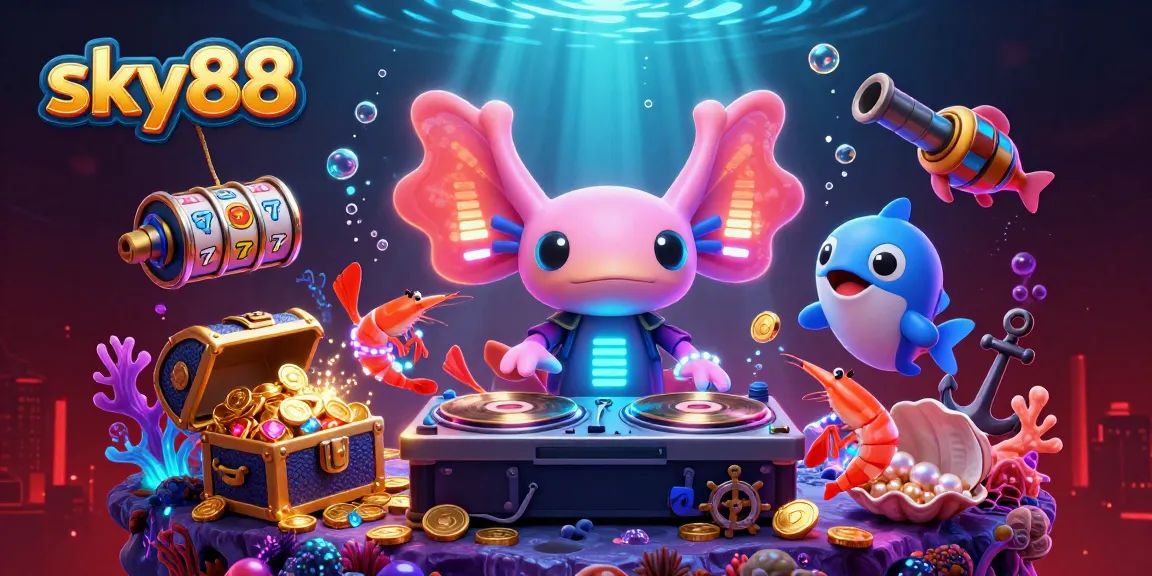 Engage with sky88's vibrant underwater casino world featuring neon creatures and floating slot reels.