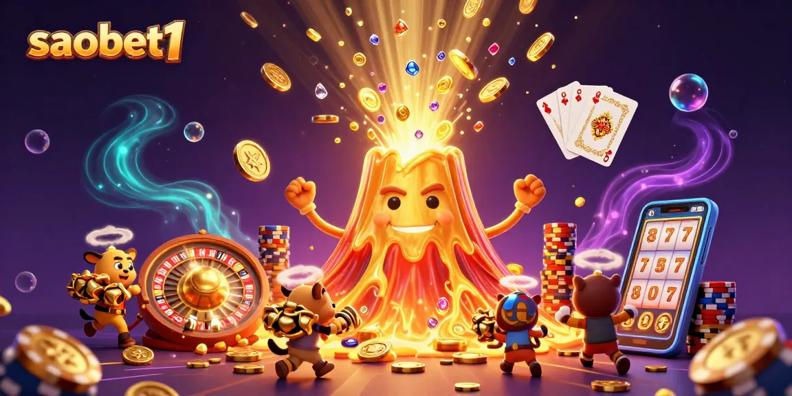 Experience thrilling wins with saobet1's vibrant casino adventure, showcasing a golden volcano and treasure-filled chaos.