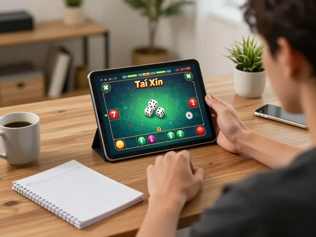 Player engaging with Tài Xỉu gameplay on a tablet at home, showcasing taixiuonline8's online gaming experience.
