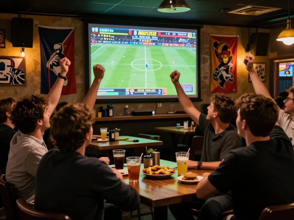 Engaged fans celebrating winning bets at tjcjventures sports betting venue with lively atmosphere.